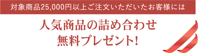 対象商品25,000円以上ご注文いただいたお客様には人気商品の詰め合わせ無料プレゼント！